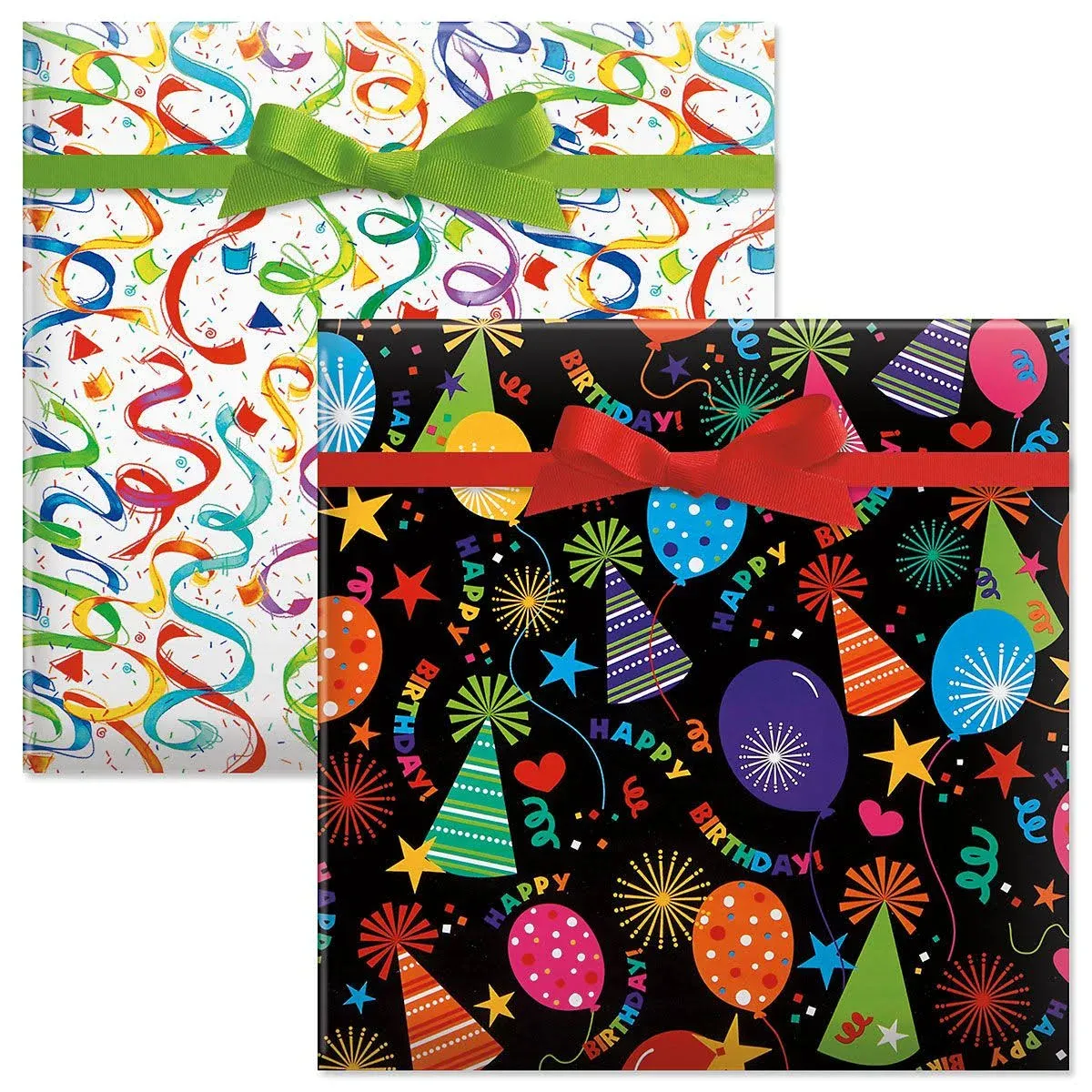 Current Happy Birthday Confetti and Black Birthday Hats Gift Wrap Value Pack - 2 Jumbo Rolls (122 Sq Ft Total), Peek-Proof, For Birthdays, Graduations, Baby Showers and More