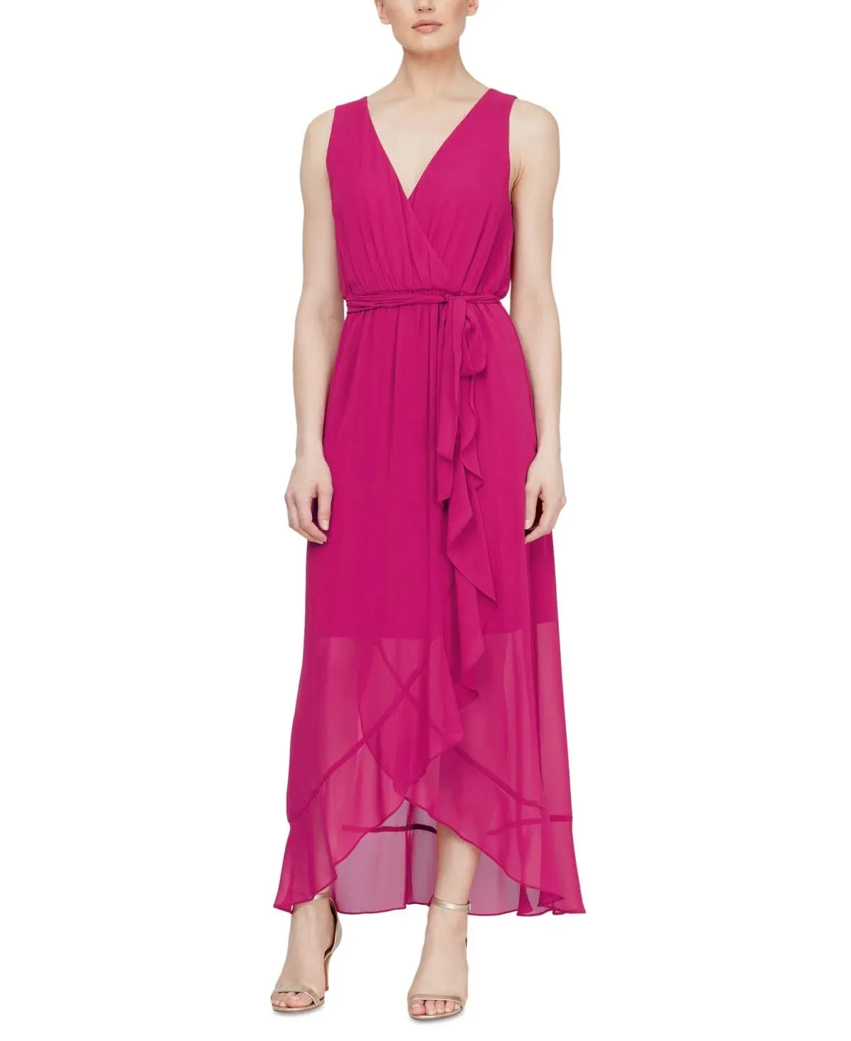 Slny Women's Ruffle Front Maxi Dress with Belt, Pink, 16