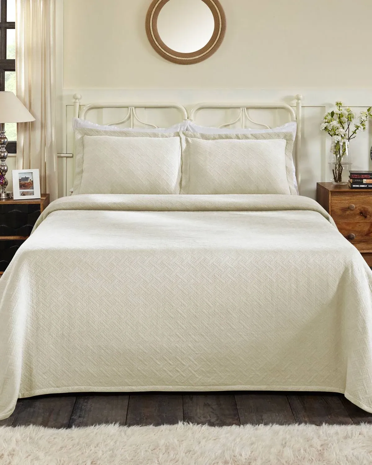 Superior Matelasse Cotton Basketweave Bedspread Set, Queen ,Ivory