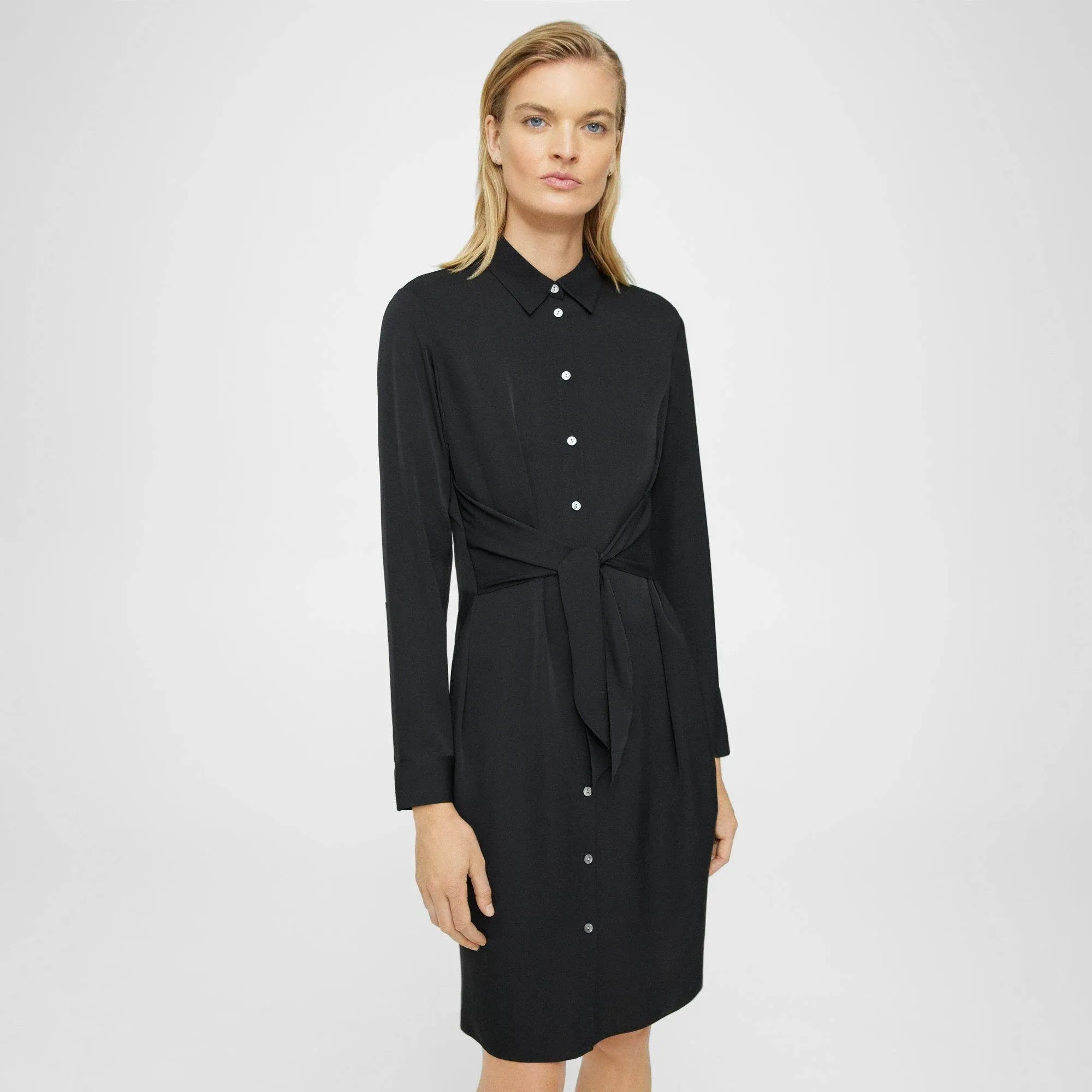 $575 Theory Women&#039;s Black Tie-Waist Silk Shirtdress Petite Size P