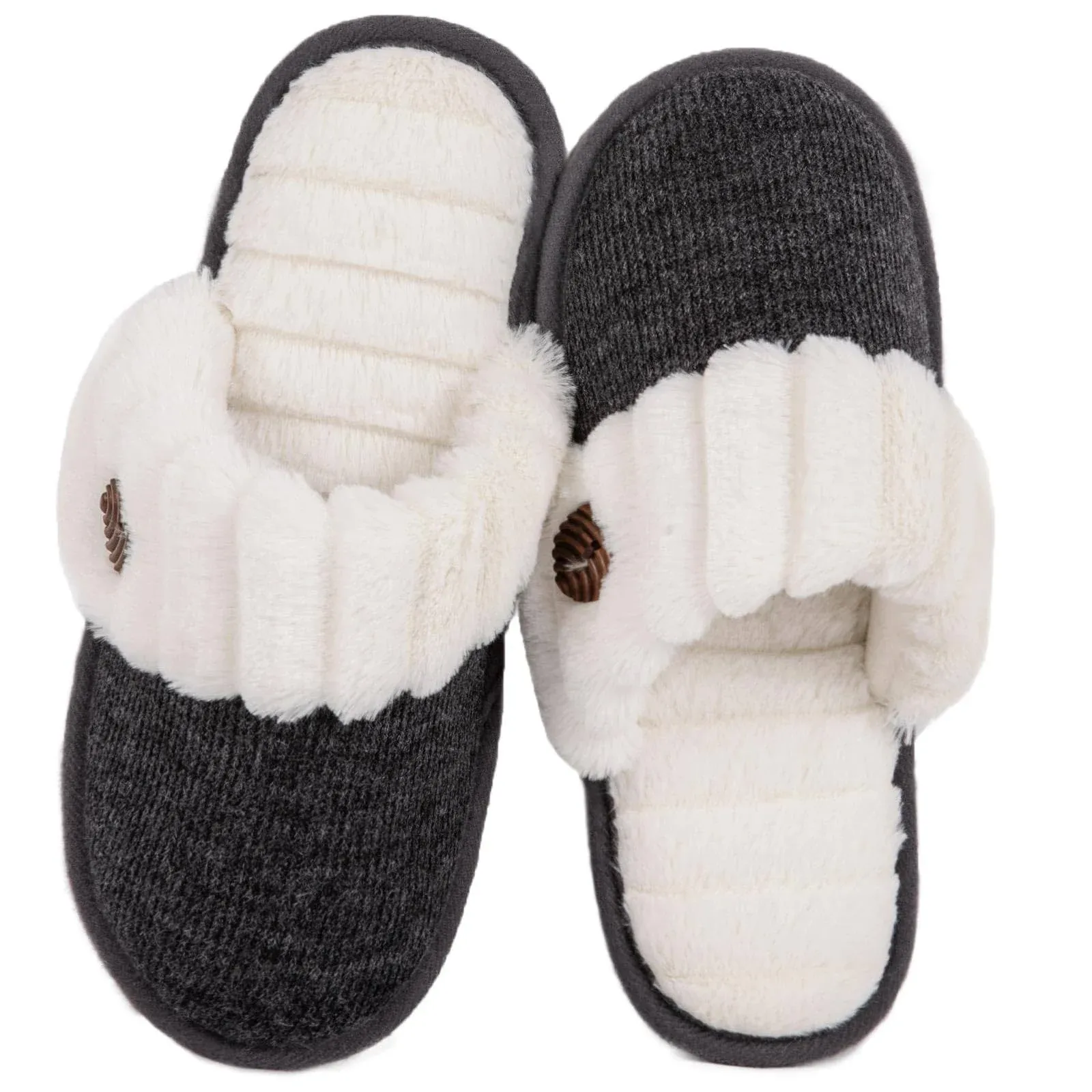 HomeTop Women's Cute House Slippers for Ladies Memory Foam Indoor Outdoor Slip on Bedroom Soft Home Shoes with Fuzzy Knitted Faux Fur (37-38 (US Women's 7-8), Dark Gray)