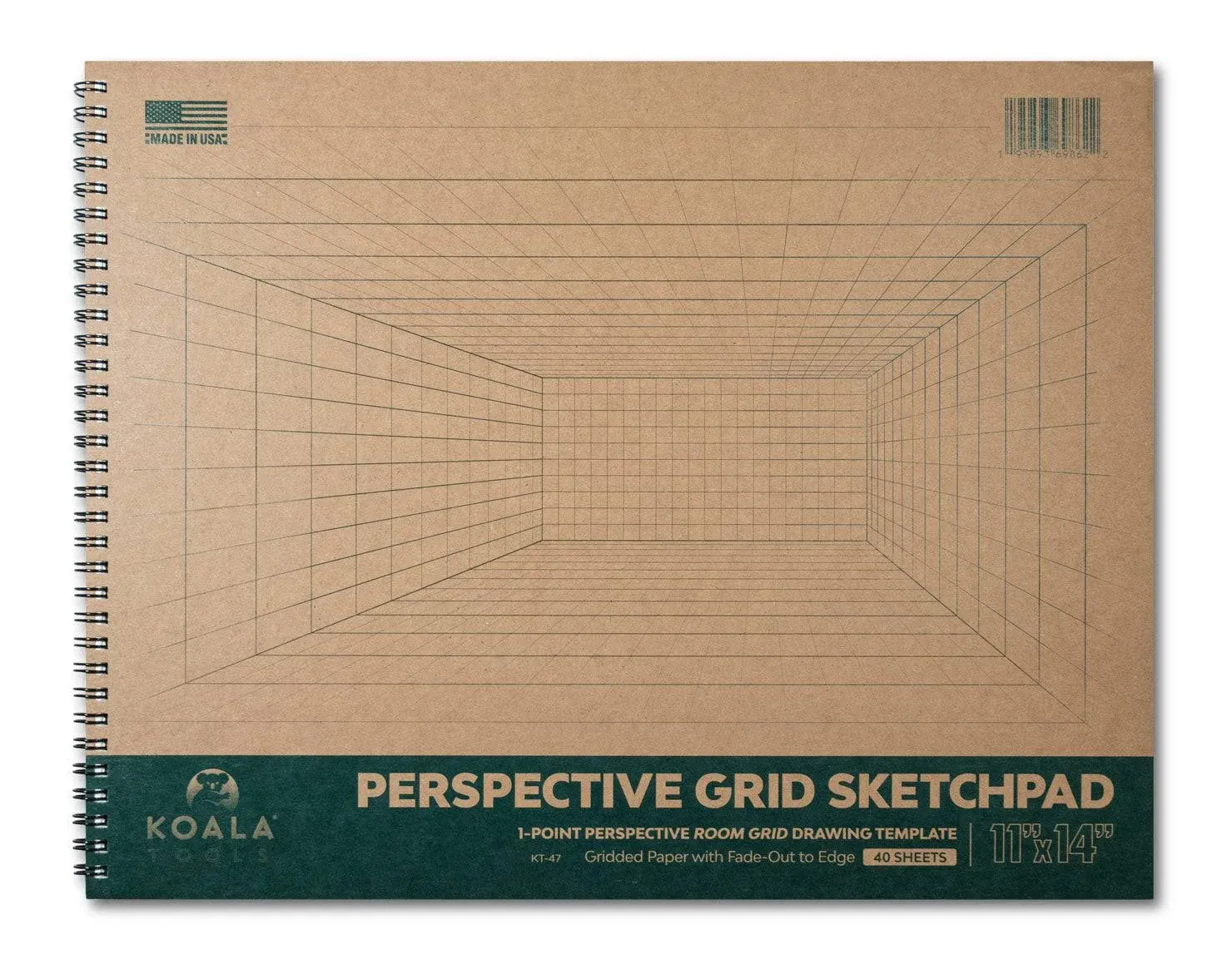 Koala Tools - 40-Sheet Sketch Pad for 1-Point Perspective Drawing, Spiral Bound Gridded Graph Paper for Interior Room Design, Industrial, Architectural and 3D Design, 11 x 14 inches