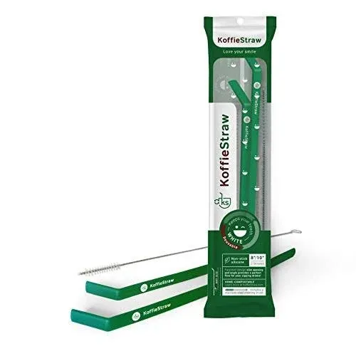 4-Pack of KoffieStraws: Green, Mocha, Navy, Surf,  (all 10") with stainless steel cleaning brush in compostable packaging