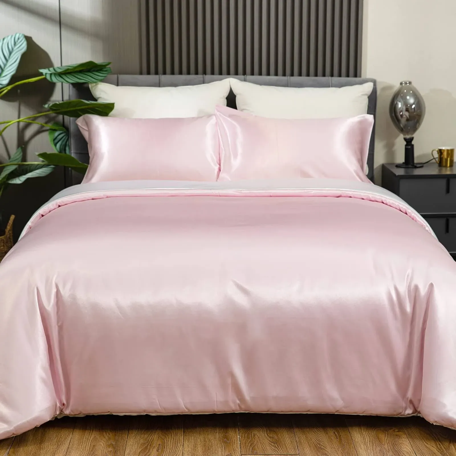 Redkey Satin Comforter Set King Luxurious Soft Silky Cooling Down Alternative Reversible Two-Color Comforter Set with 2 Pillowcase King Pink