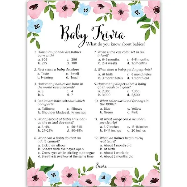 Gender Reveal Party Game Baby Trivia Game Pack of 25