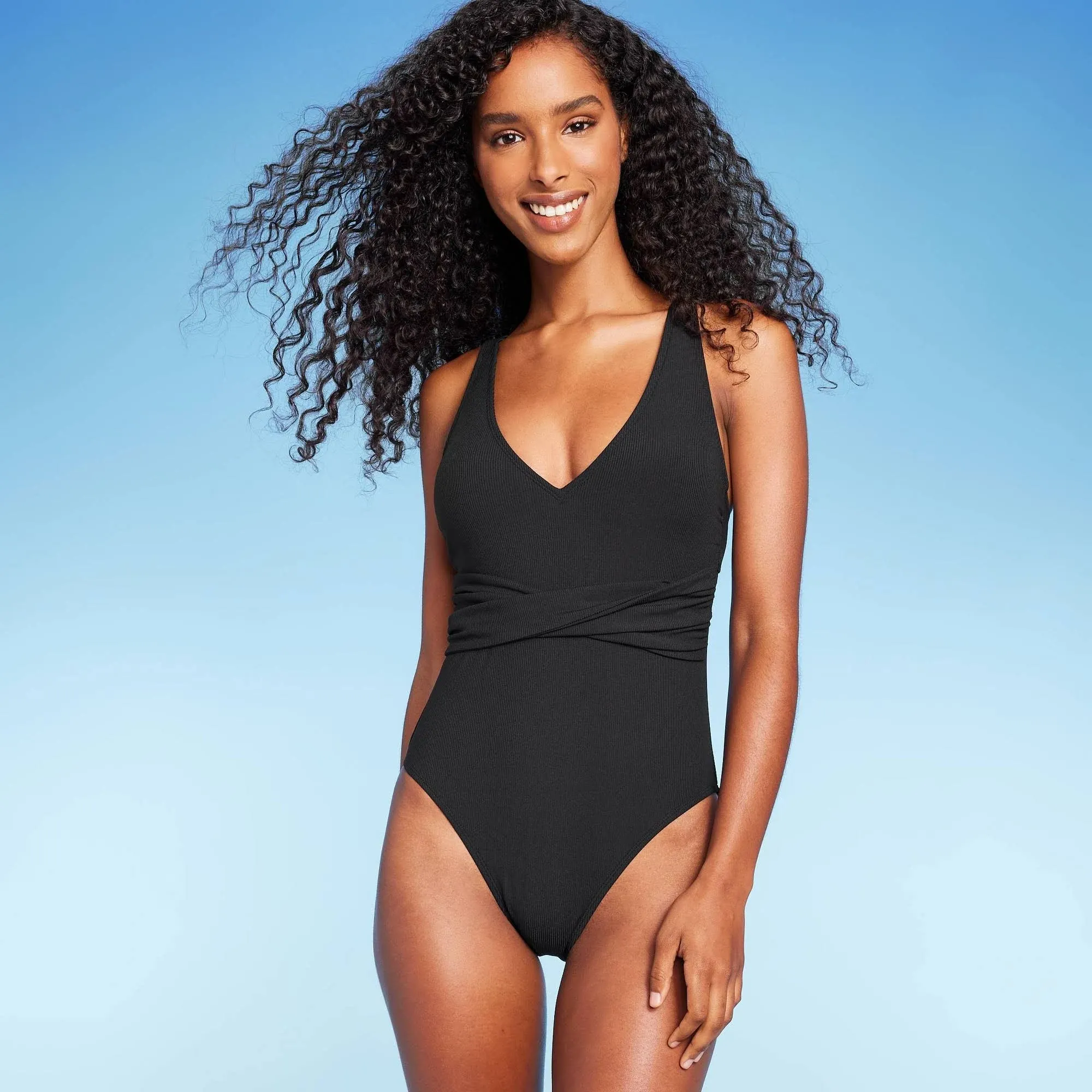 Shade &amp; Shore Womens Black Ribbed Twist-Front Plunge Front Swimsuit