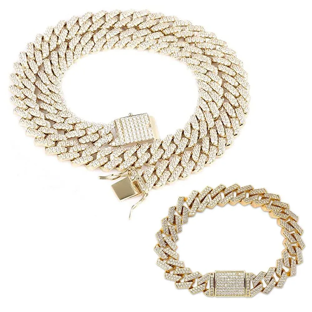 EMESLY Products Iced Out Cuban Link Necklace & Bracelet Set (15mm, Gold), Women's ...