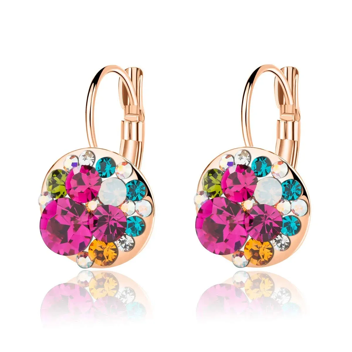 Multicolored Austrian Crystal Leverback Earrings for Women 14K Gold Plated Dangl