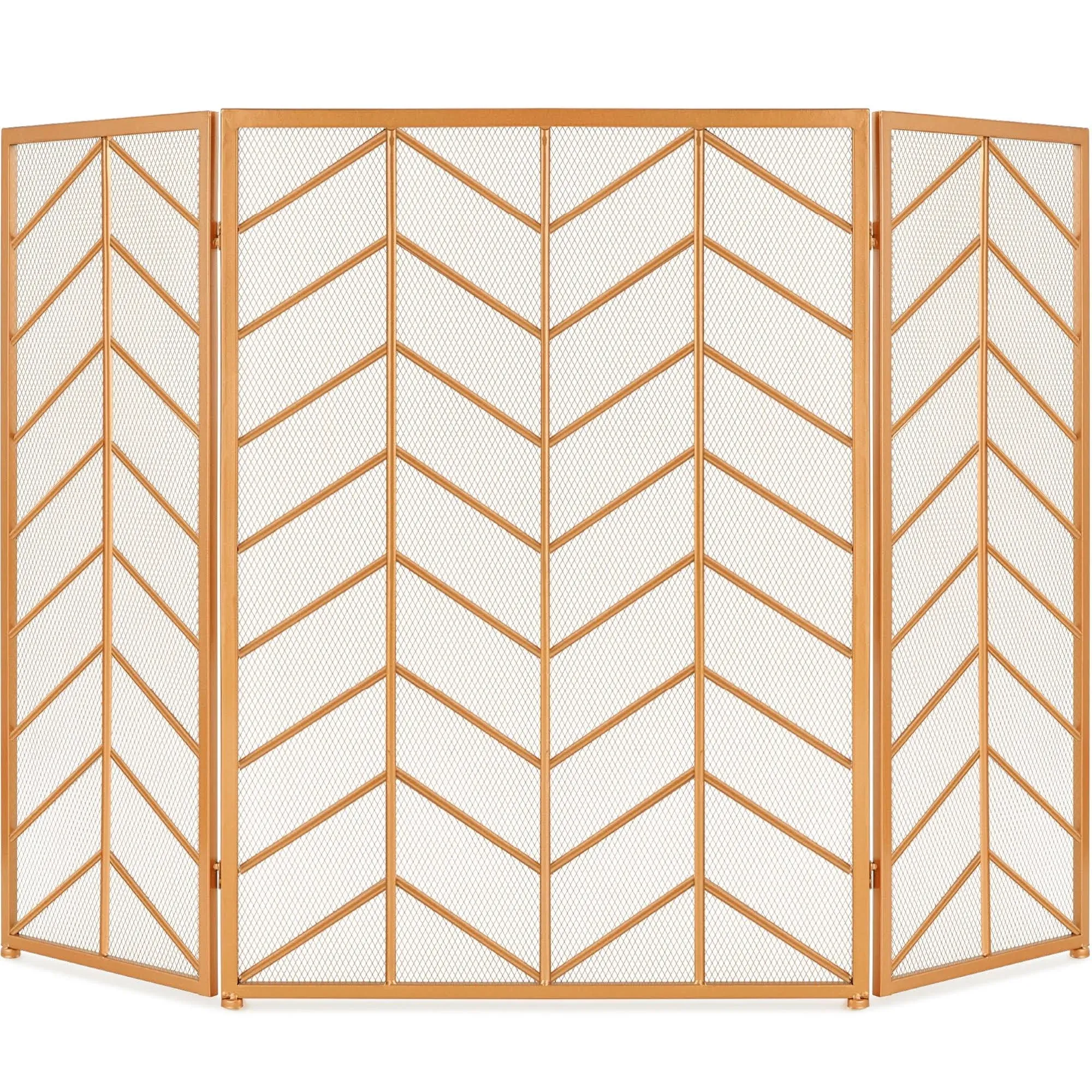 Best Choice Products 52x31in 3-Panel Iron Chevron Fireplace Screen, Spark Guard w/ Handles - Gold