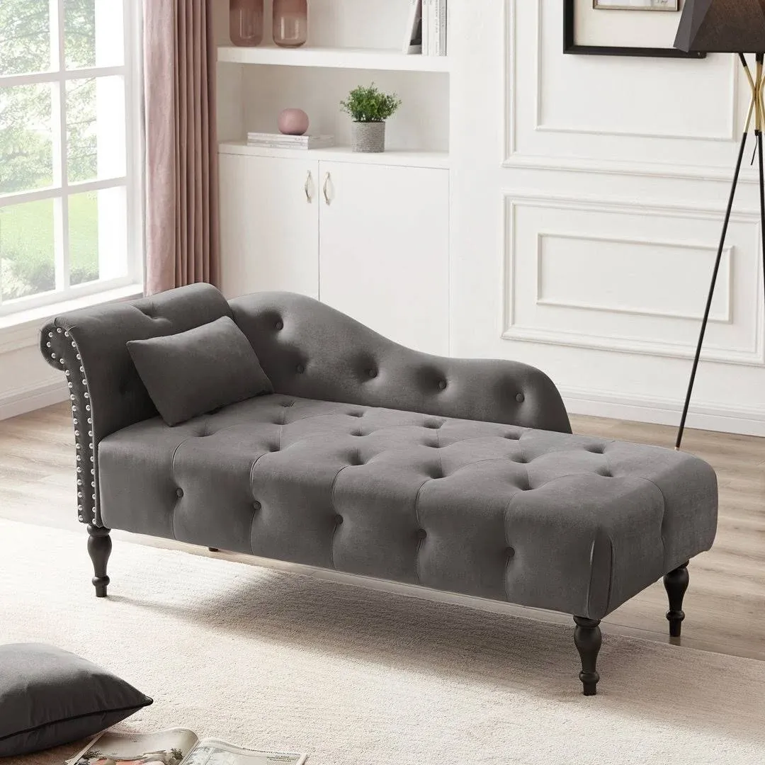 Polibi 60.6" Grey Velvet Chaise Lounge Chair with 1 Pillow and Nailhead Trimmed, Modern Tufted Long Lounger with Buttons Tufted and Solid Wood Legs for Living Room or Office, Sleeper Lounge Sofa