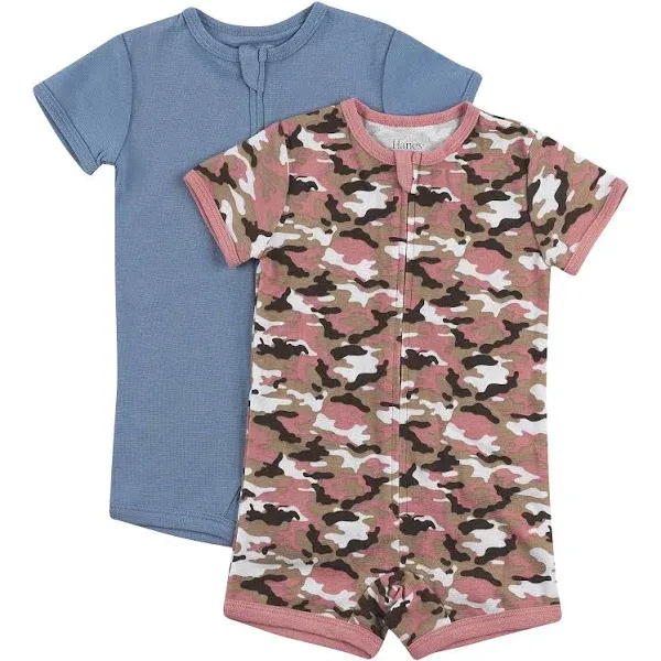 Hanes Zippin Baby Knit Short Sleeve Rompers, Zipper & 4-Way Stretch, Boys & Girls, 2-Pack Pink Camo Assorted 0-6m