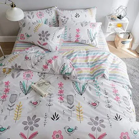 BuLuTu Floral Bird Print Pattern Girls Duvet Cover Twin White Premium Cotton ...