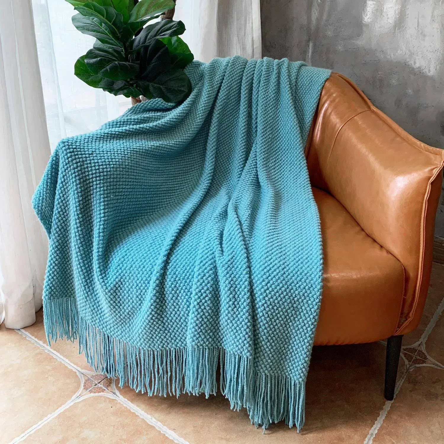 LOMAO Knitted Throw Blanket with Tassels Bubble Textured Lightweight Throws for