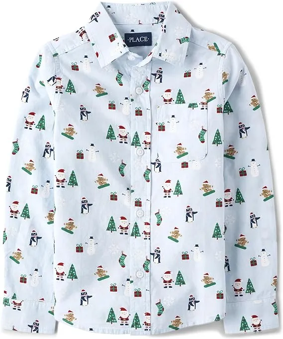 Boys Christmas Poplin Button Up Shirt - brook