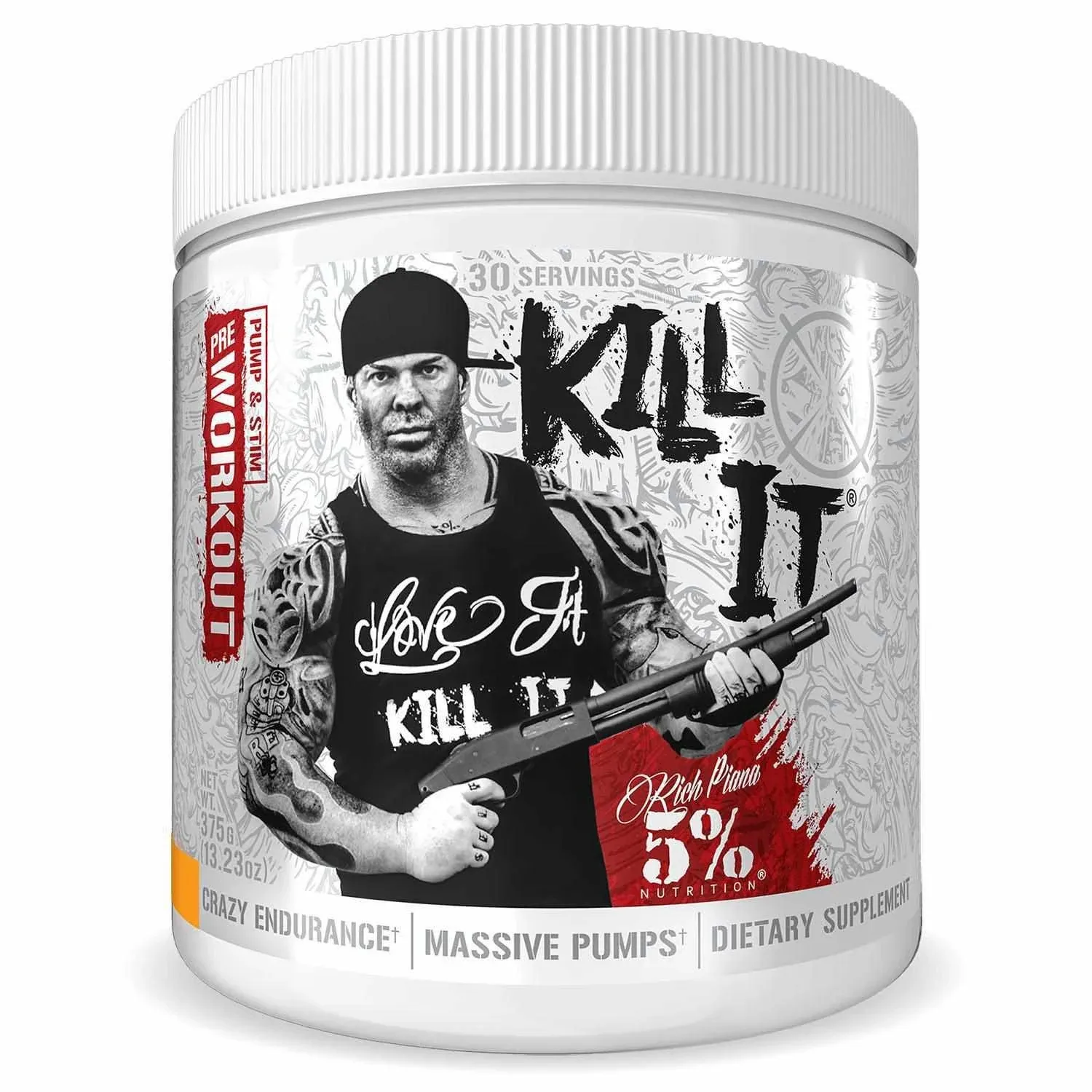 5% Nutrition Rich Piana Kill It Pre Workout Powder w/Creatine, Jitter-Free Caffeine, NO-Booster, Beta Alanine, L-Citrulline for Focus, Pump, Endurance, Recovery 13.23 oz, 30 Srvgs (Push Pop)