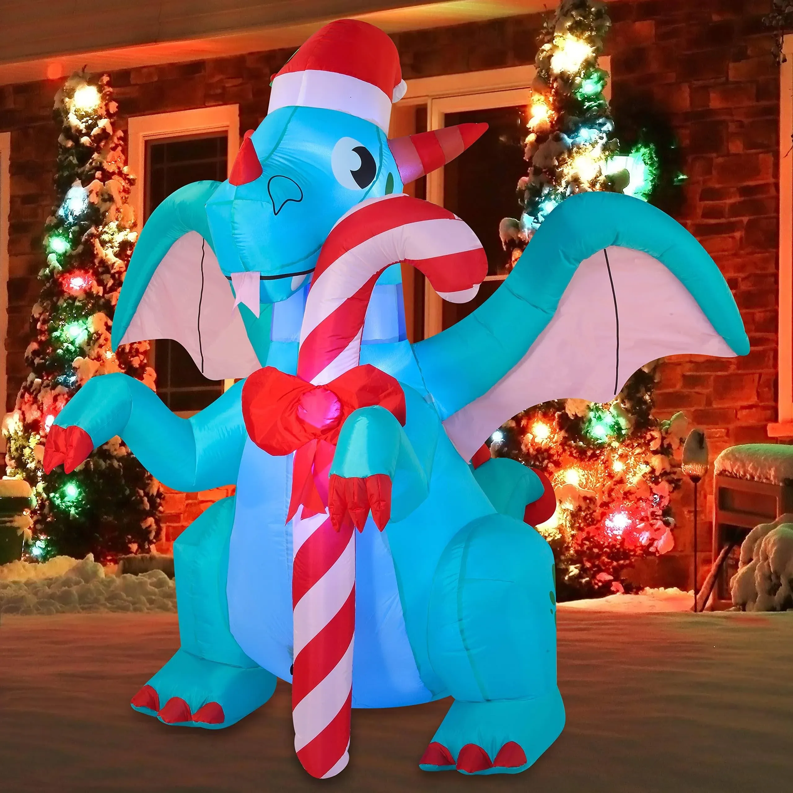 Joiedomi 6' Green Dragon with Candy Cane Inflatable Decoration