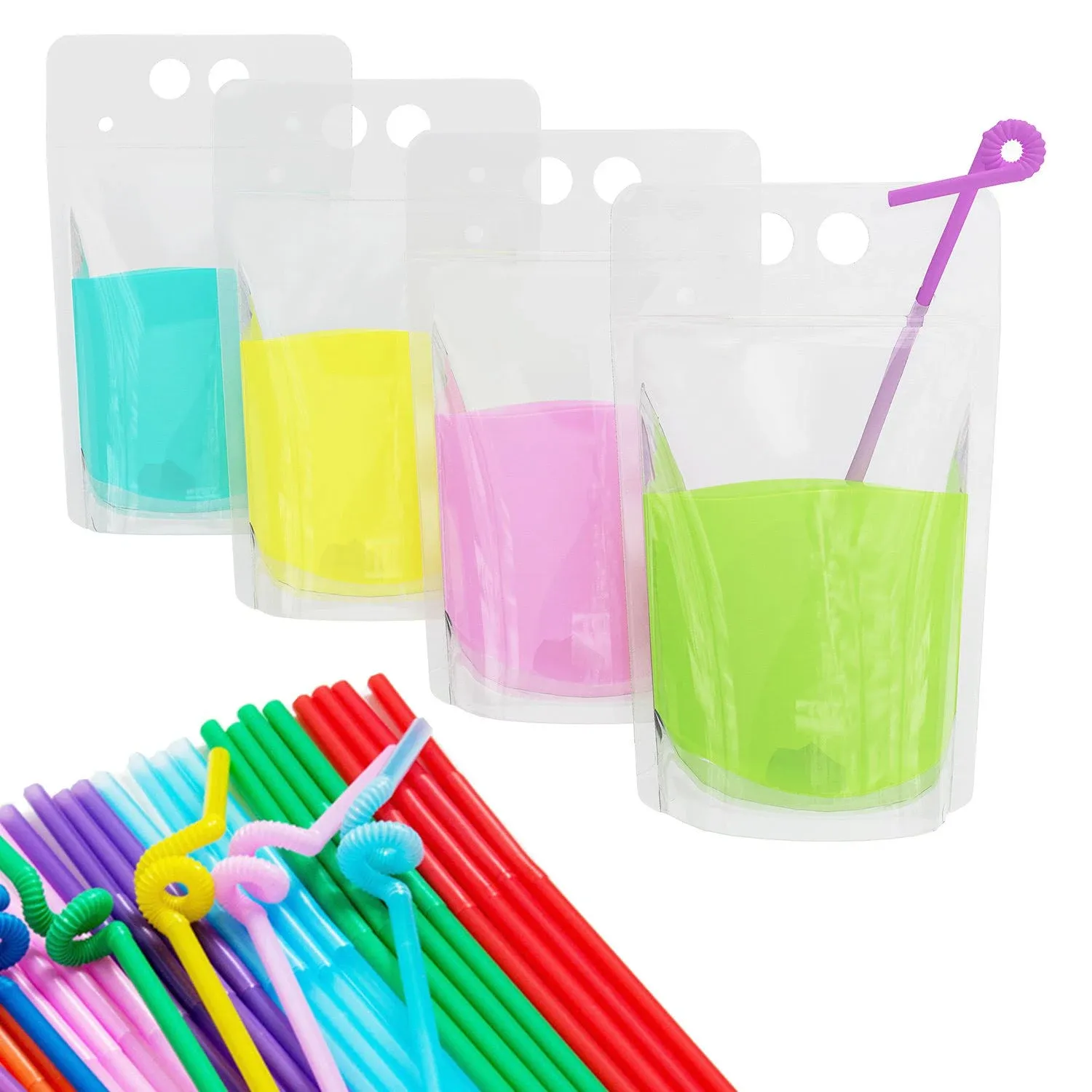 Pcs Stand Up Plastic Drink Pouches Bags with 100 Drink Straws, Zipper Clear Heavy ...