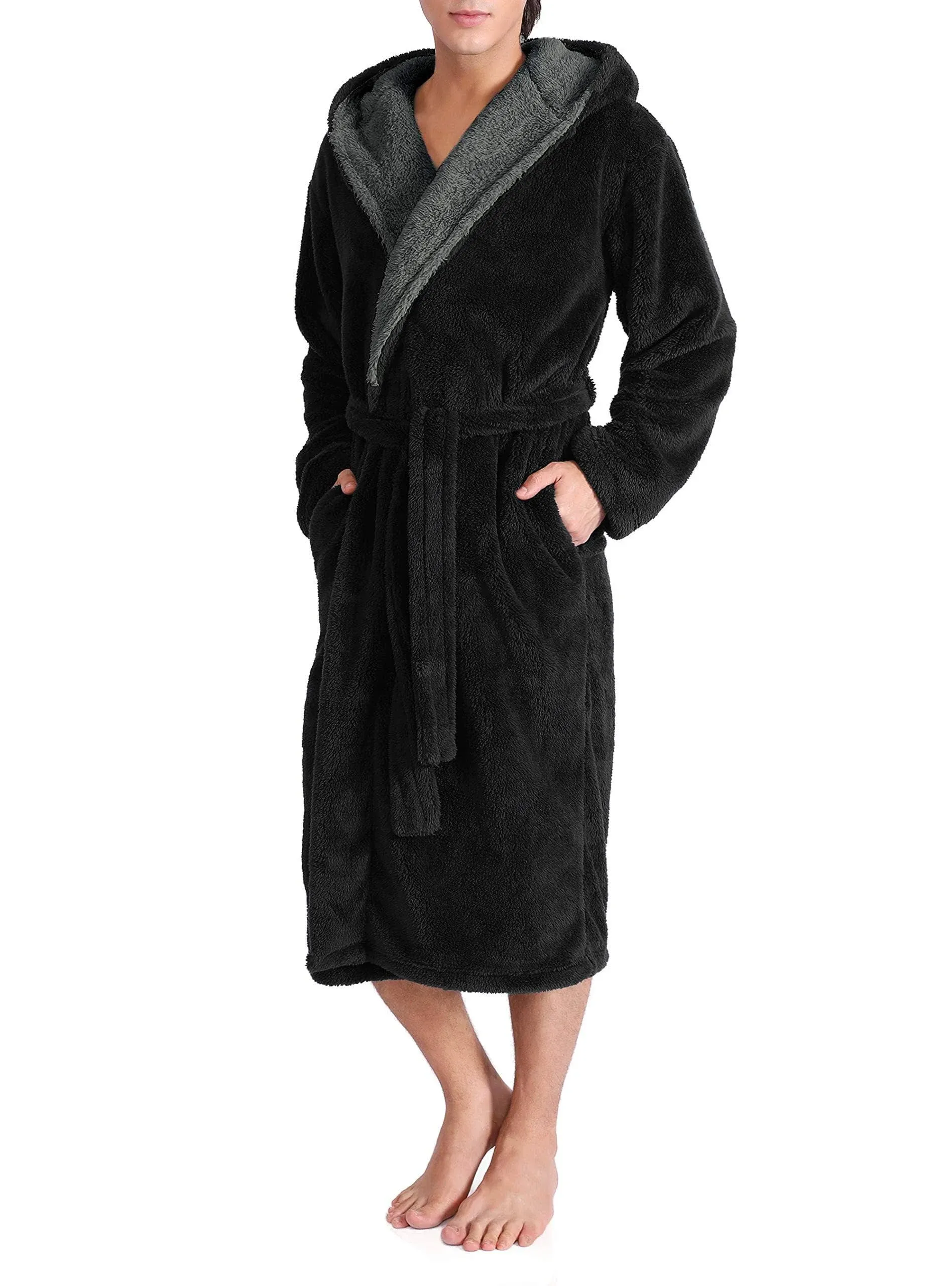 David Archy Flannel Soft Plush Long Bathrobe with Hooded, M / Black