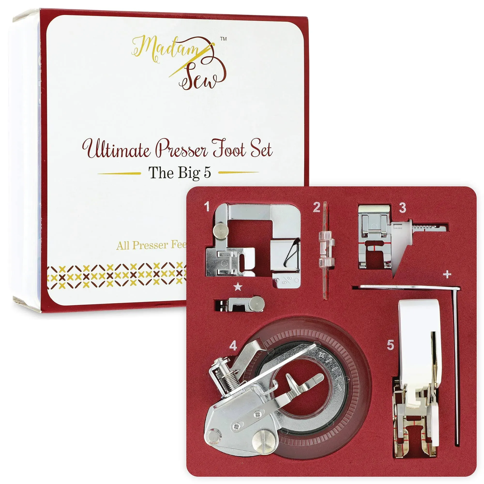 Madam Sew Big 5 Presser Foot Set - 5 Specialized Presser Feet in Deluxe Numbered Storage Case with Printed Booklet, and Bonus Low Shank Snap-On Adapter