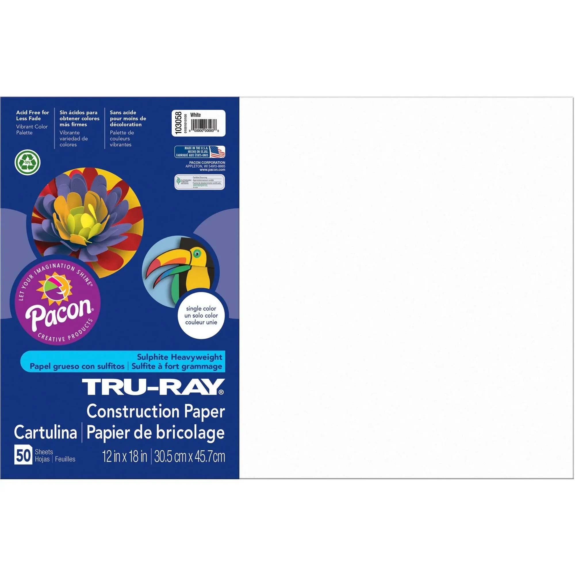 Tru-Ray Construction Paper, 76lb, 12 x 18, White, 50-Pack