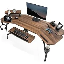 EUREKA ERGONOMIC 72" Computer Desk W Keyboard Tray, Wing-Shaped Music Studio Desk, Large Gaming Desk W LED Convertible Monitor Stand Dual Headphone Hanger for Recording Live Streamer, Walnut Wood