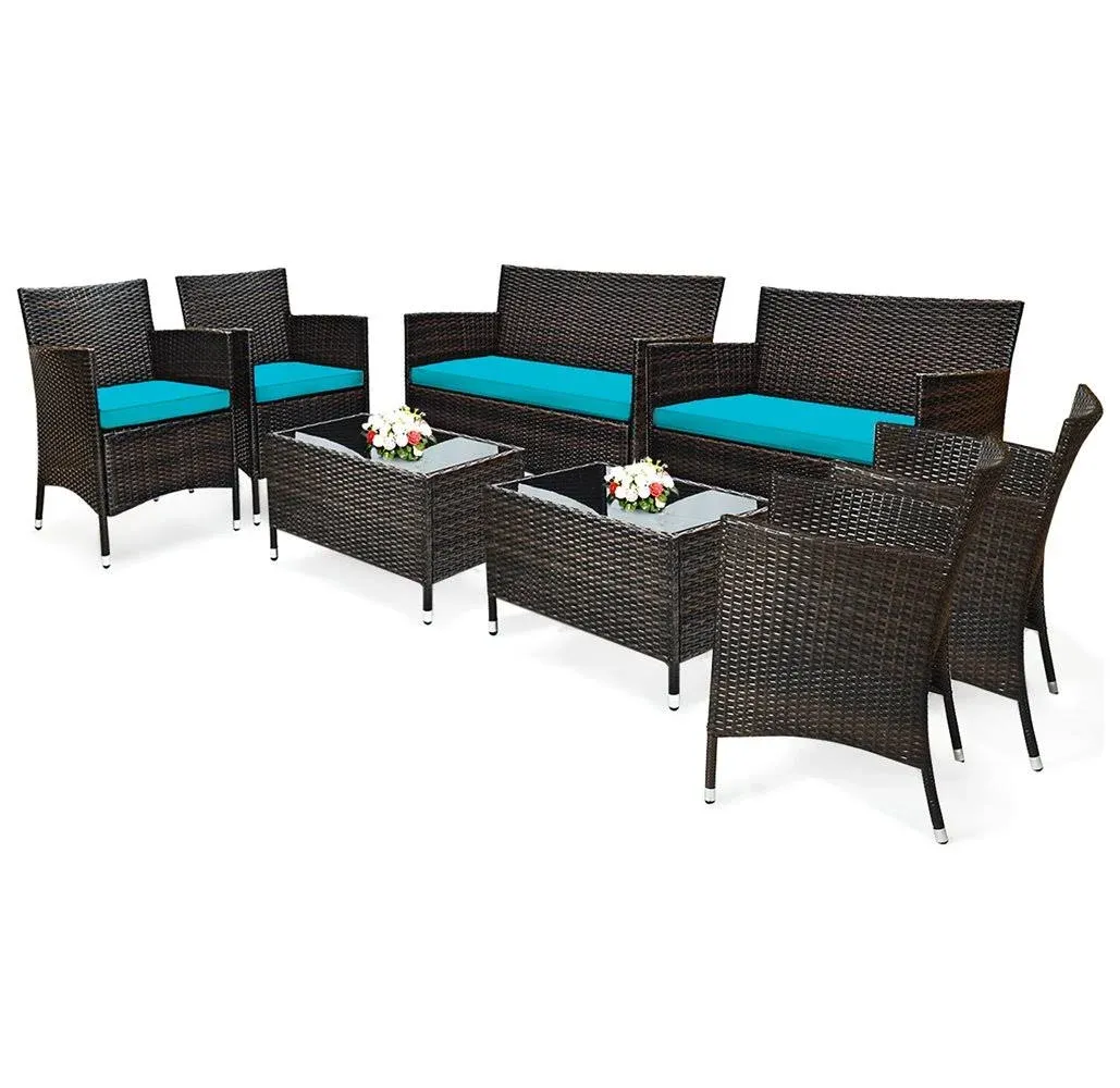 Costway 8PCS Patio Rattan Furniture Set Cushioned Sofa Chair Coffee Table