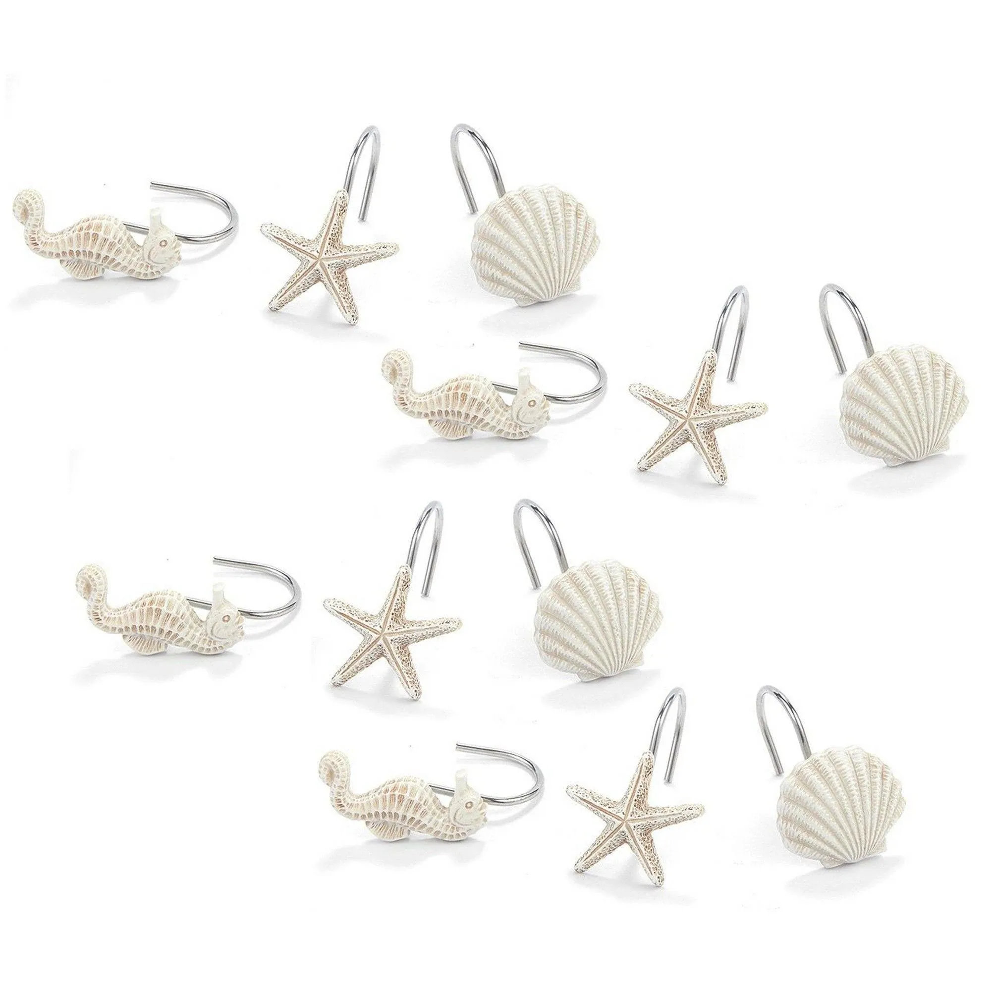 12-Pack of Beach-Themed Shower Curtain Stainless Steel Hooks, Decorative Seashell Coastal Shower Hooks for Bathroom Decor with Seahorses, Starfish, and Seashells