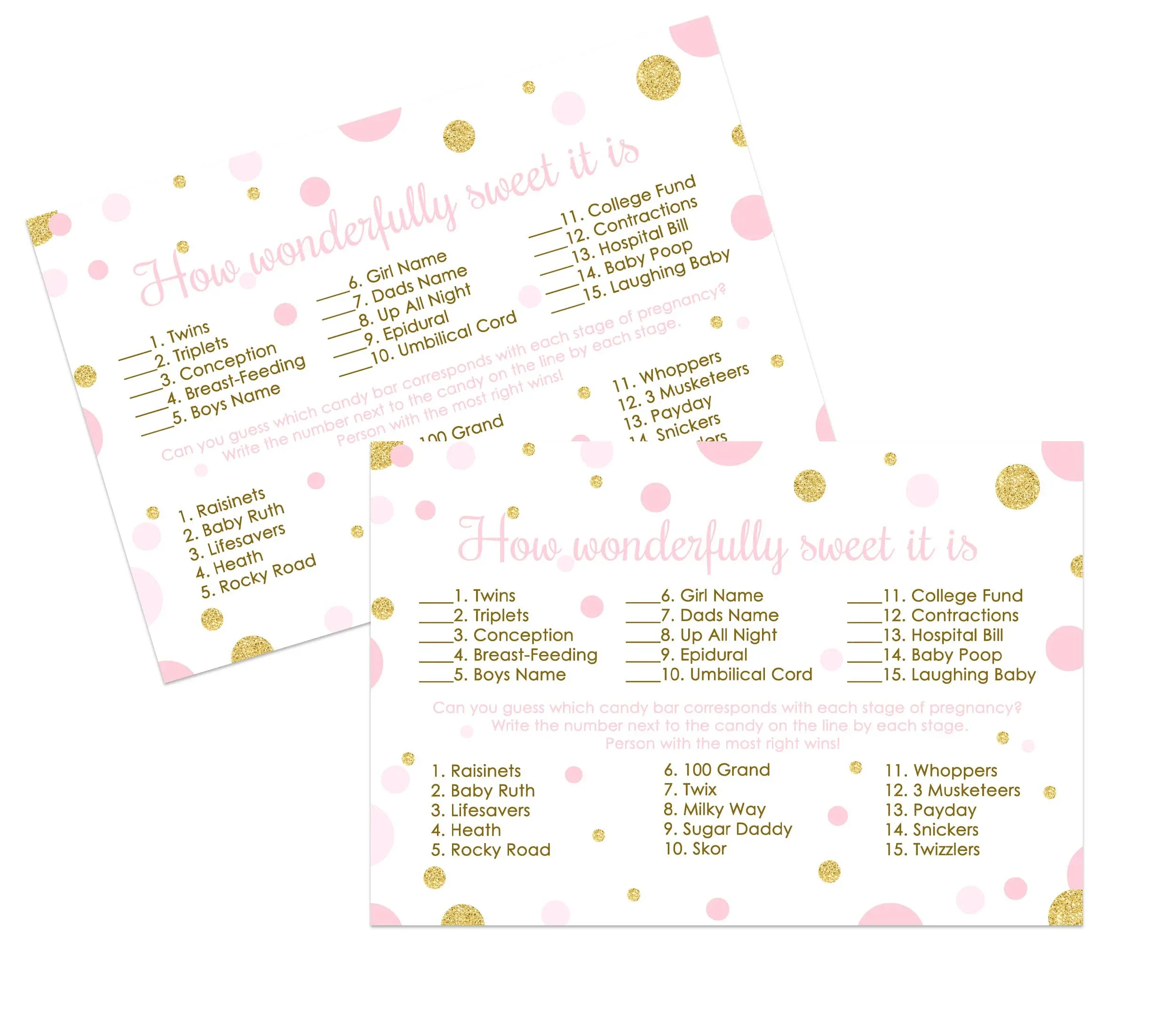 Pink and Gold Baby Shower Candy Bar Game 25 Pack