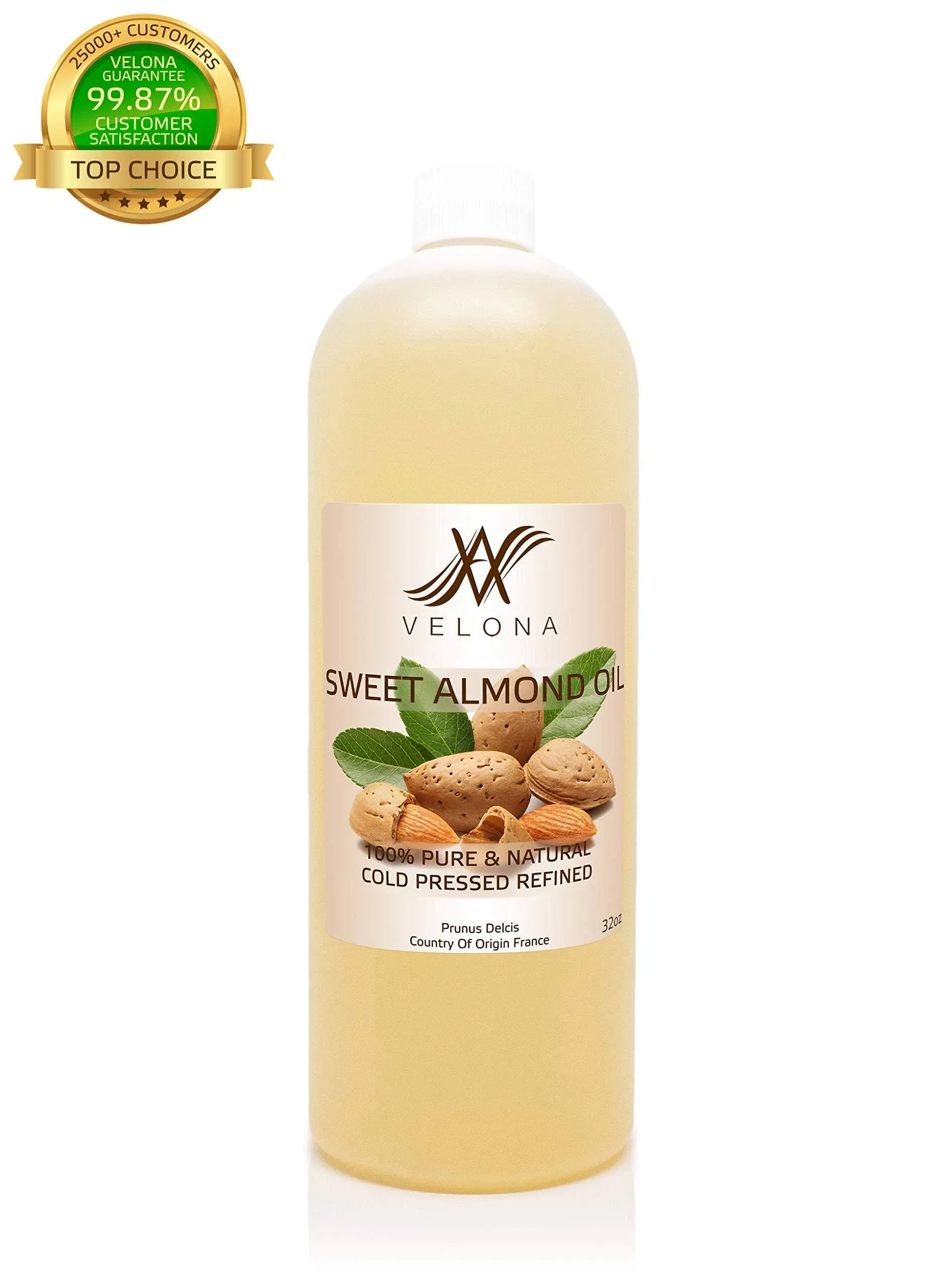 Velona USDA Certified Organic Sweet Almond Oil - 32 oz | 100% Pure and Natural Carrier Oil | Refined Cold Pressed | Skin Hair Body & Face Moisturizing | Use Today - Enjoy Results