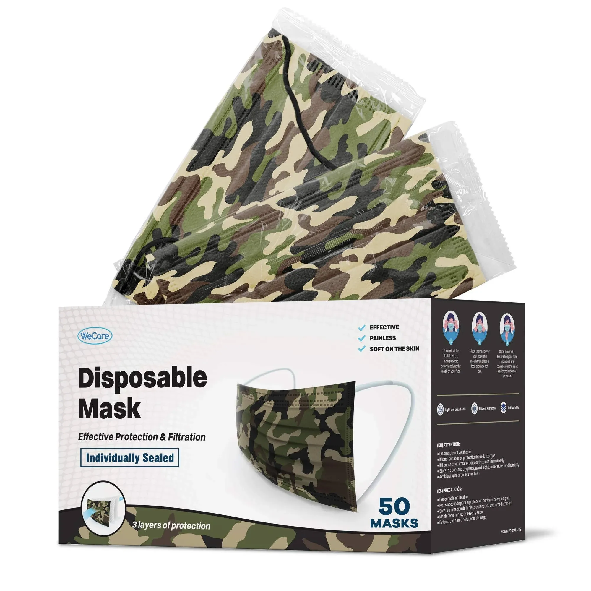 WeCare Protective Face Masks, Box of 50 (each Individually-Wrapped) - Army Camo 