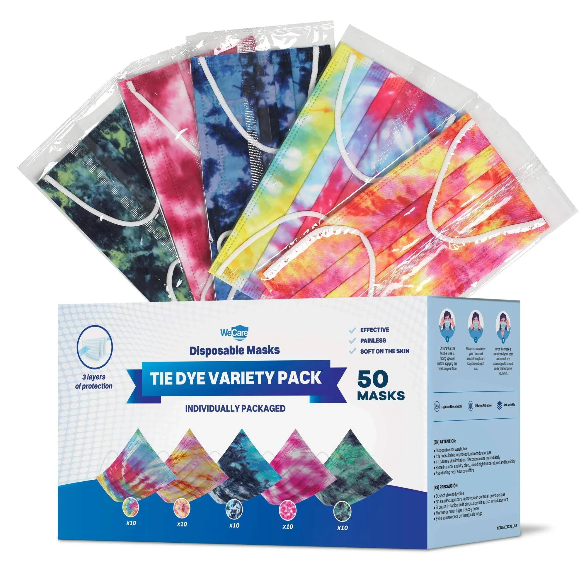 WeCare Disposable Face Mask, 3-Ply with Ear Loop (50 Individually Wrapped) - Assorted Tie Dye 