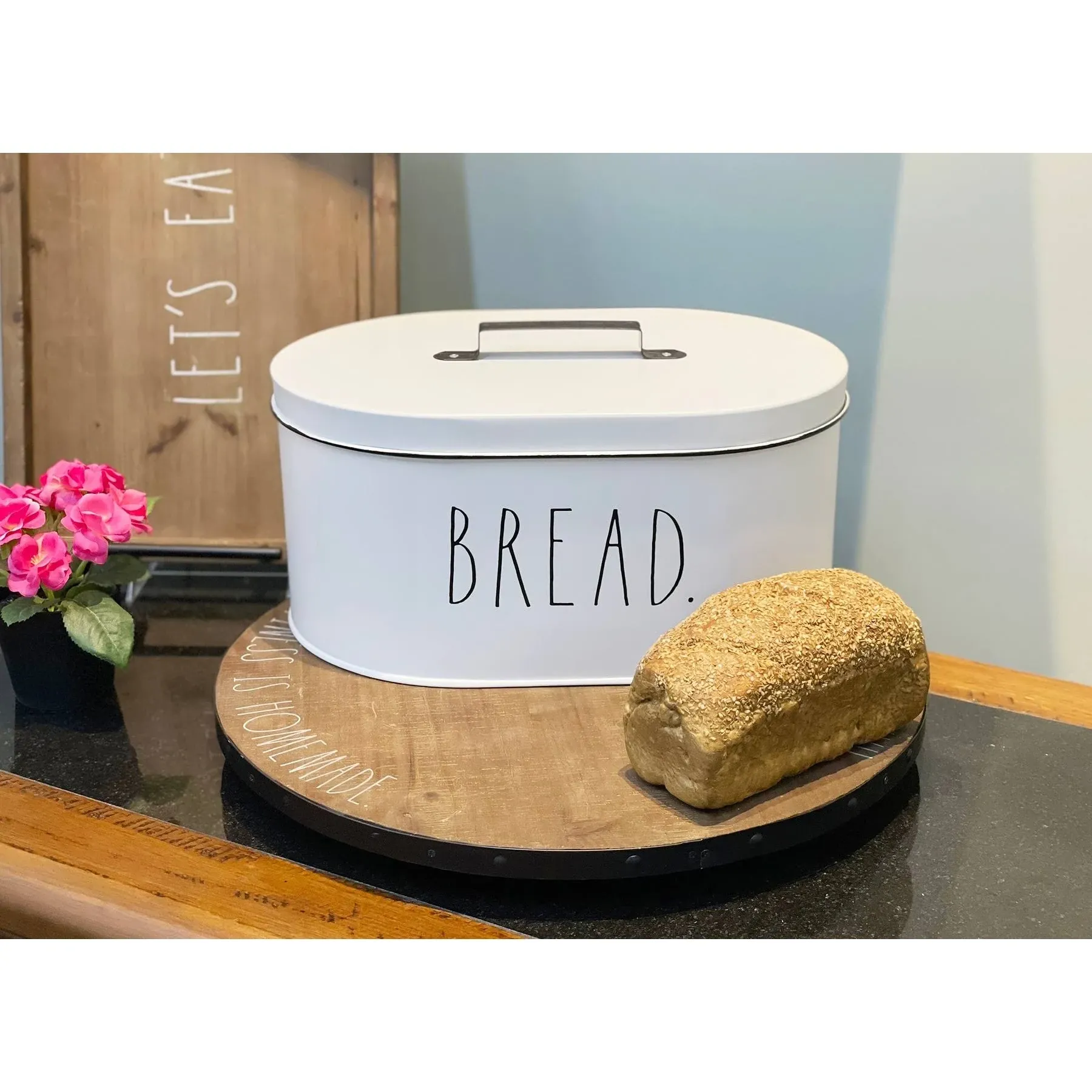 Rae Dunn Bread Box - Bread Box for Kitchen Countertop - 13.5" x 5.5" x 8.5" - Rustic White Metal Vintage Farmhouse Breadbox - Counter Storage Container for Fresh Homemade Loaf, Bagels, Cookies