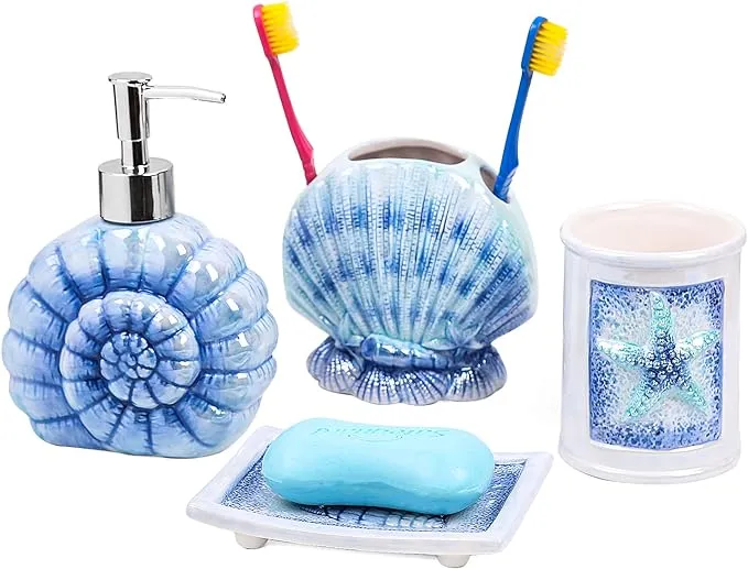 FORLONG Ceramic Ocean Bathroom Accessories Set, 4 Piece 3D Conch Shell Bathroom 