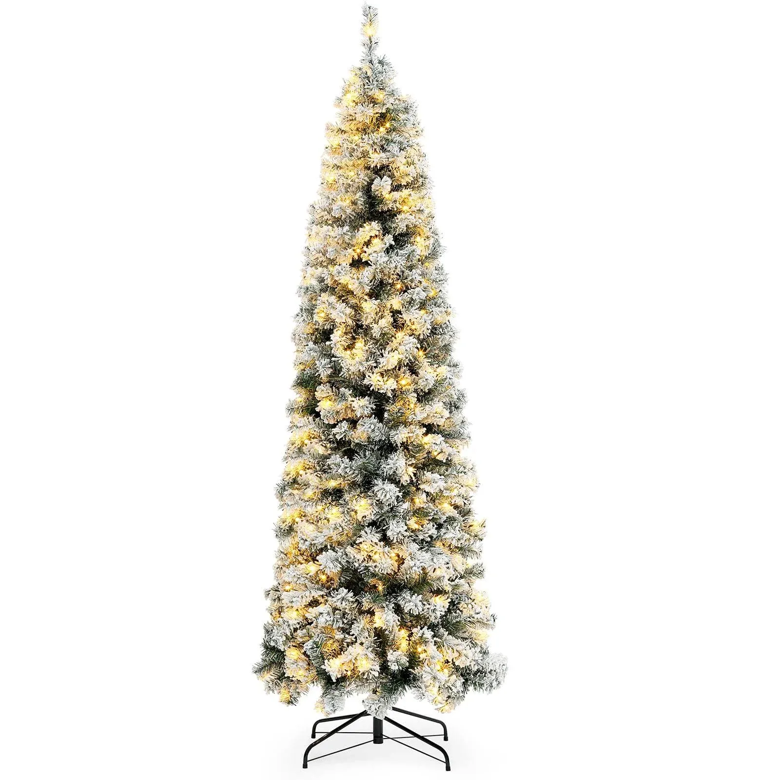 okicoler 6.5ft Pre-Lit Snow Flocked Artificial Holiday Pencil Slim Christmas ...