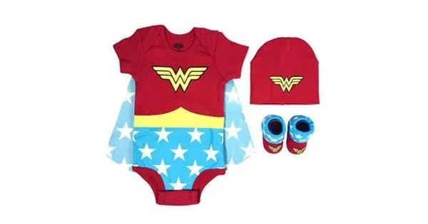 Wonder Woman Bodysuit/Cape 3 Piece Set For Newborns(Inclu<wbr/>des Hat &amp; Booties)0-6 