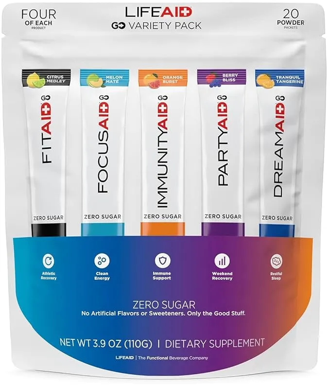 Lifeaid Rainbow Variety Pack Mix, All Zero Sugar, Post Workout Recovery, Nootropics Based Focus, Immune Boost, Dream & S