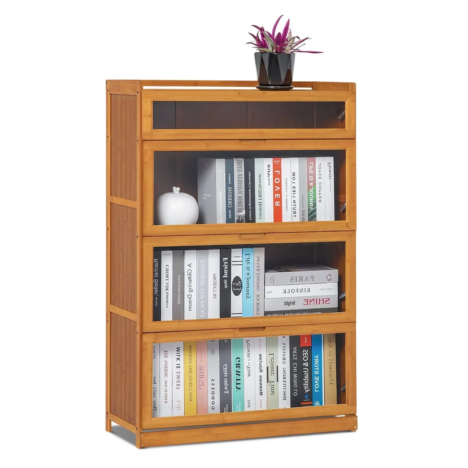 Magshion Bamboo 4-Tier Shelf Living Room Storage Tall Bookcase Cabinet with Drop-Down Clear Doors, Brown 30.4" L x 13" W x 45.3" H Home Office Multipurpose Cabinet Media Organizer Bookshelf