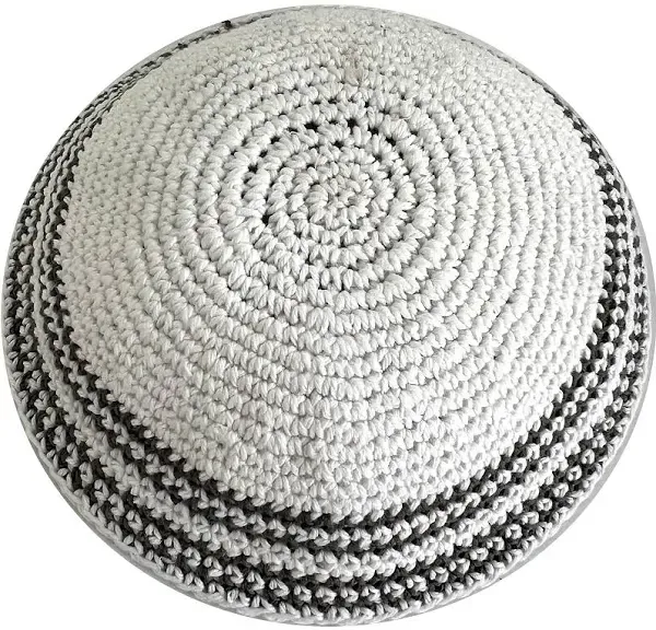 Holy Land Market White/Grey 17cm DMC 100% Knitted Cotton Kippah Torah Chabad Yarmulke Jewish