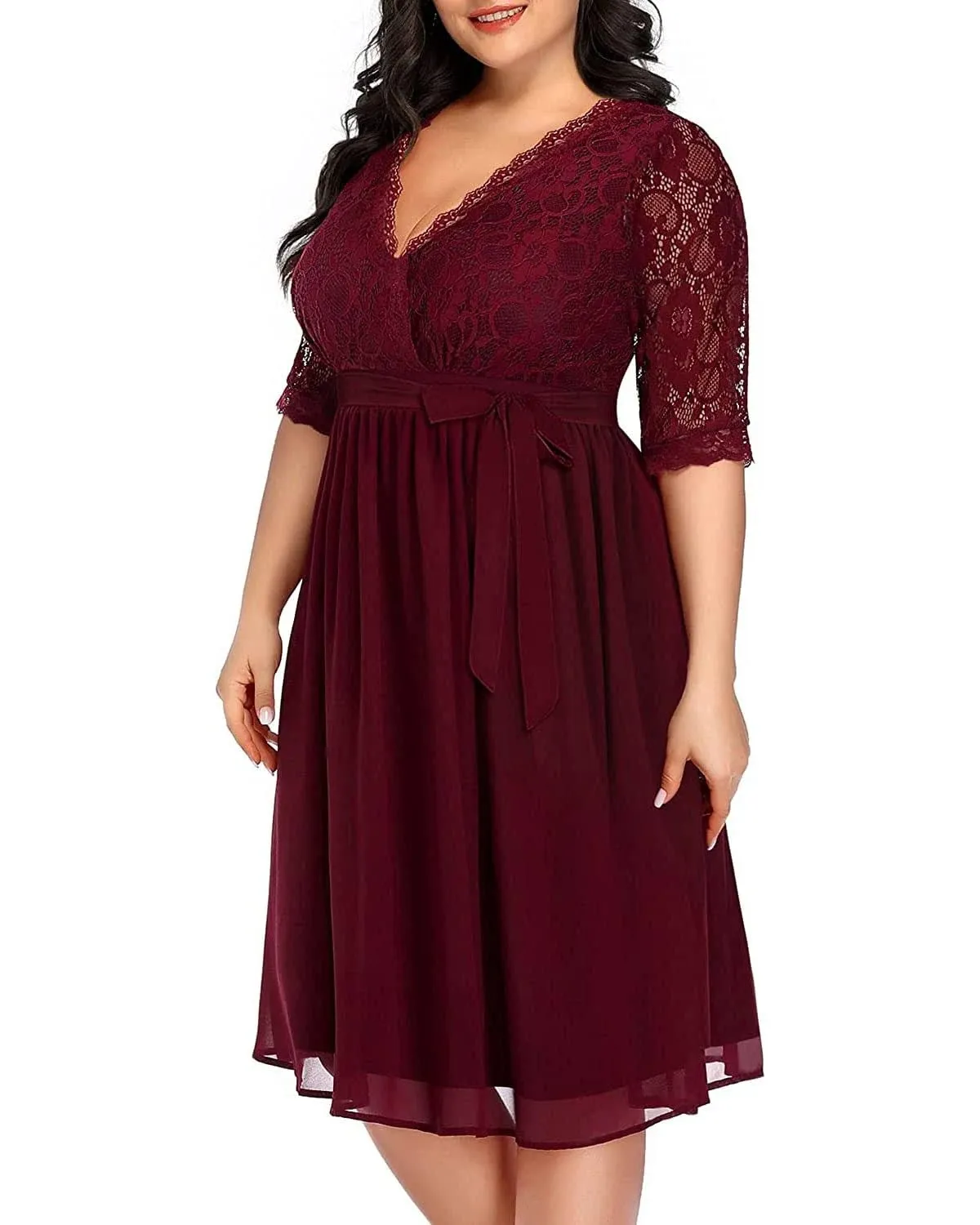 Pinup Fashion Plus Size Cocktail Dresses Women Burgundy Red Lace Top Chiffon Wedding Guest Semi-Formal Maroon Evening Party Wrap Dress