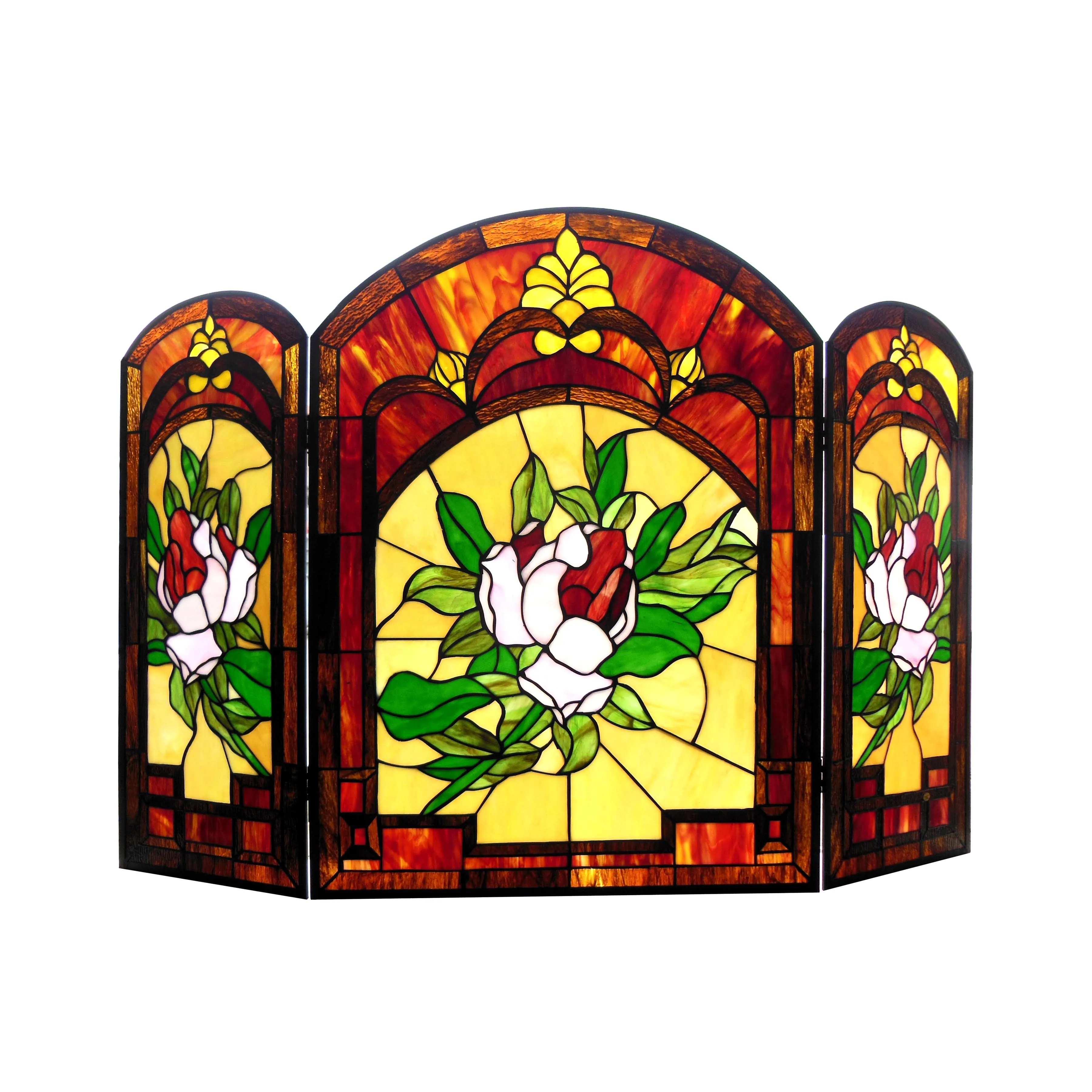 &quot;IGGY&quot; Tiffany-glass Floral Design 3pcs Folding Fireplace Screen