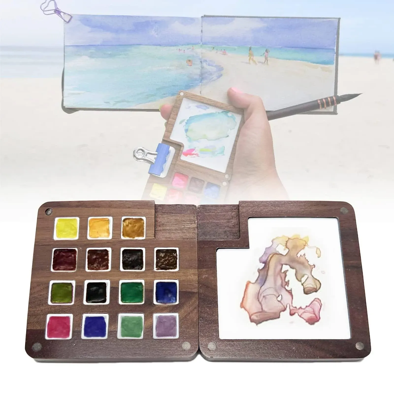 BEMAXYE Portable Sketchbook Watercolor Palette - Walnut Wood Painter Color Box ...