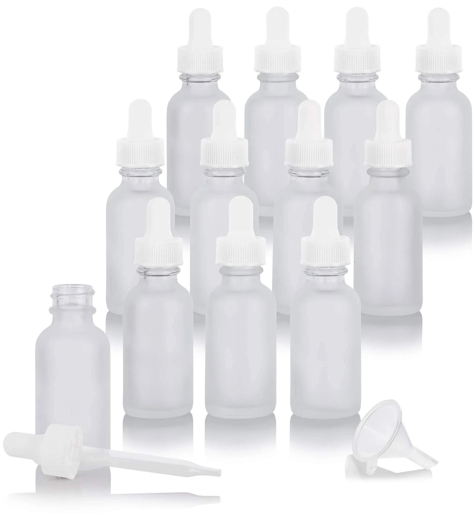 JUVitus 1 oz Frosted Clear Glass Boston Round Dropper Bottle with White Dropper Bottle (12 Pack)