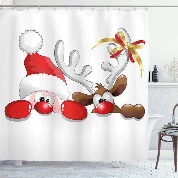 Ambesonne Christmas Shower Curtain, Funny Christmas Santa Claus and Reindeer ...