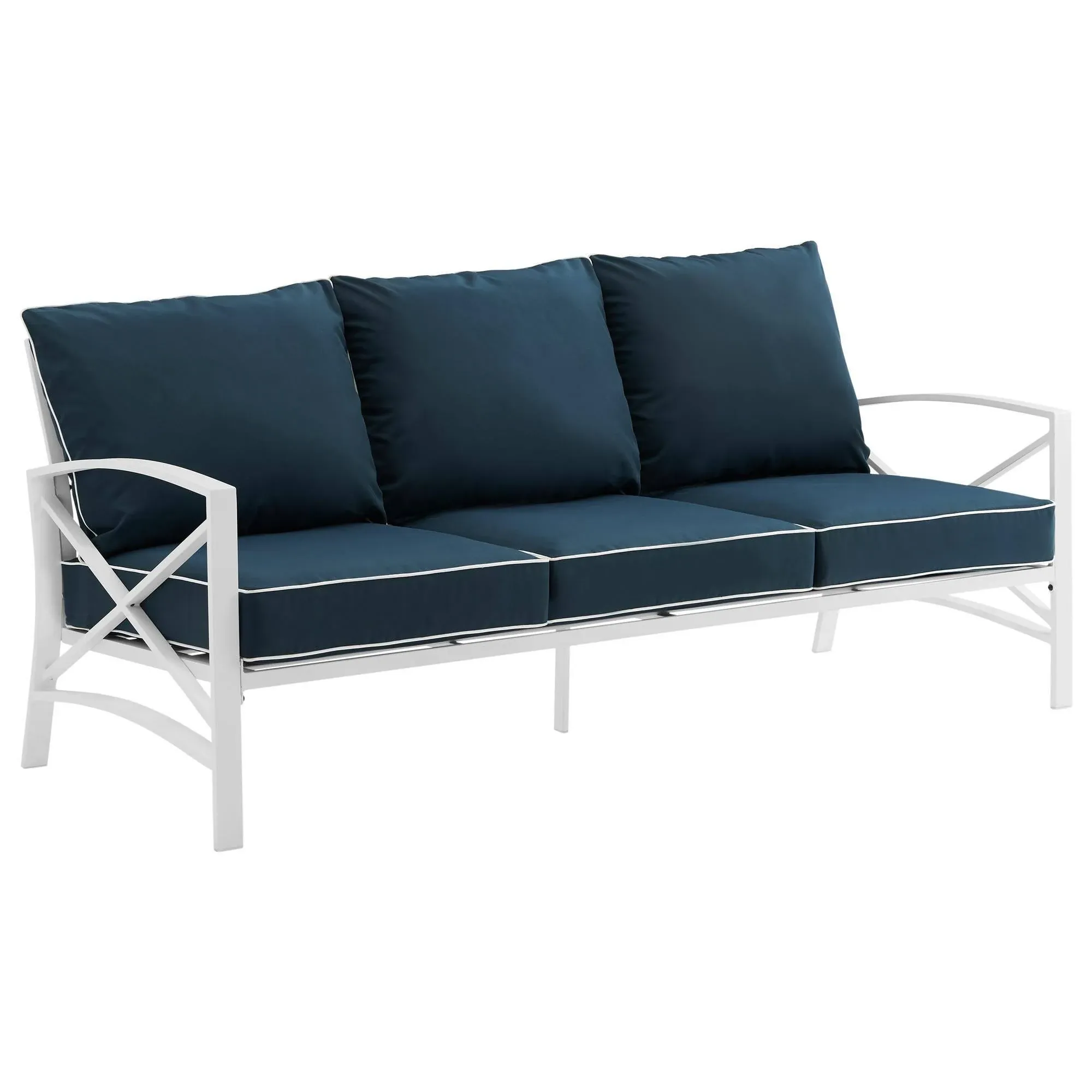 Kaplan Outdoor Sofa in White Steel & Navy Blue Cushions by Crosley