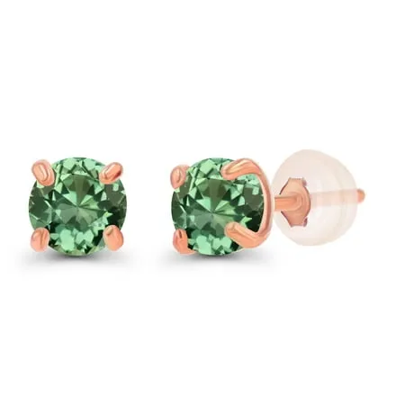 Genuine 14K Solid Rose Gold 3mm Round Created Green Sapphire September Birthstone Stud Earrings For Women