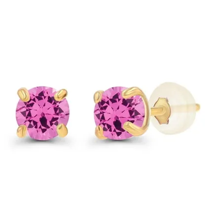 Genuine 14K Solid Yellow Gold 3mm Round Created Pink Sapphire Birthstone Stud Earrings For Women