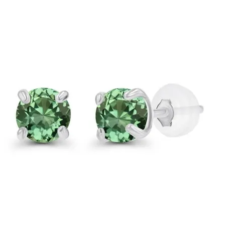 Genuine 14K Solid White Gold 3mm Round Created Green Sapphire September Birthstone Stud Earrings For Women