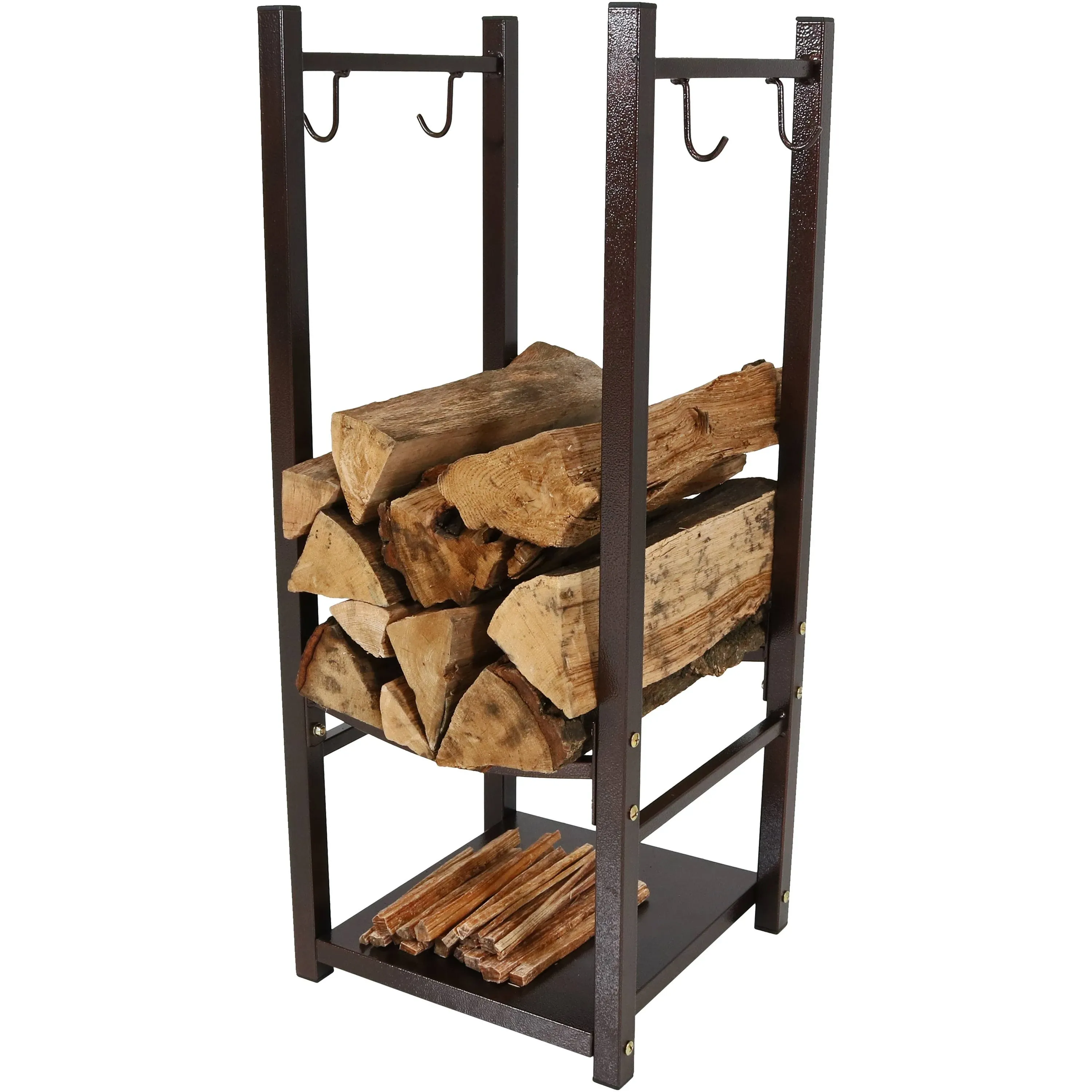 Sunnydaze Indoor Outdoor Fireside Log Rack with Tool Holders, Bronze