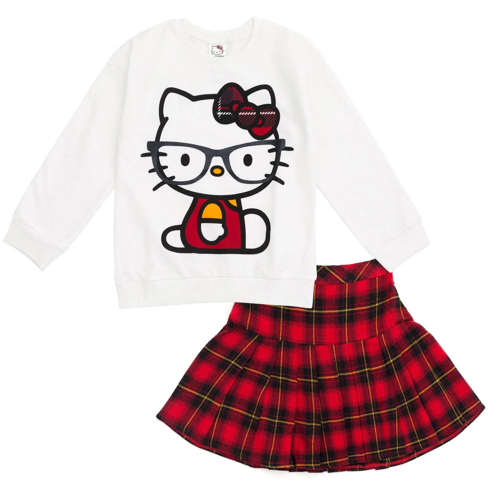 Hello Kitty Big Girls Fleece Sweatshirt and Skirt Plaid White / Red 14-16