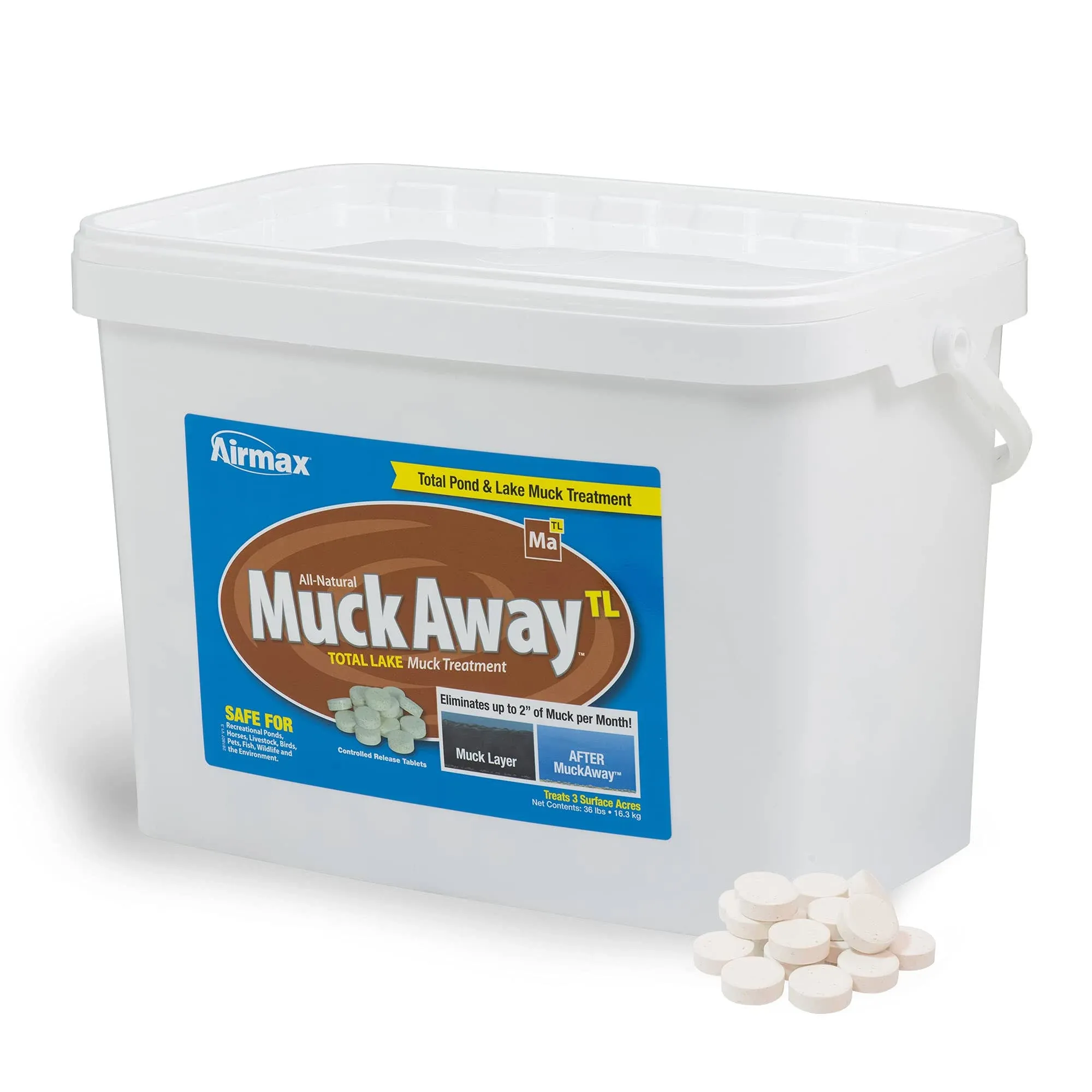 Airmax MuckAway, Natural Pond Muck Remover, Cleans & Clears Away Muck & Sludge, Easy to Use Bacteria & Enzyme Tablets, Safe for The Environment, Treats up to 1 Acre, 3 Month Supply, 36lbs